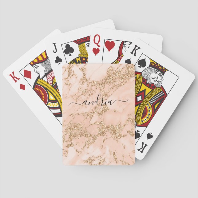 Rose Gold Glitter Marble, Black Script Name Playing Cards (Back)