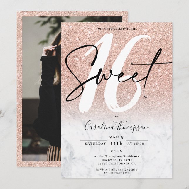 Rose gold glitter marble border photo Sweet 16 Invitation (Front/Back)
