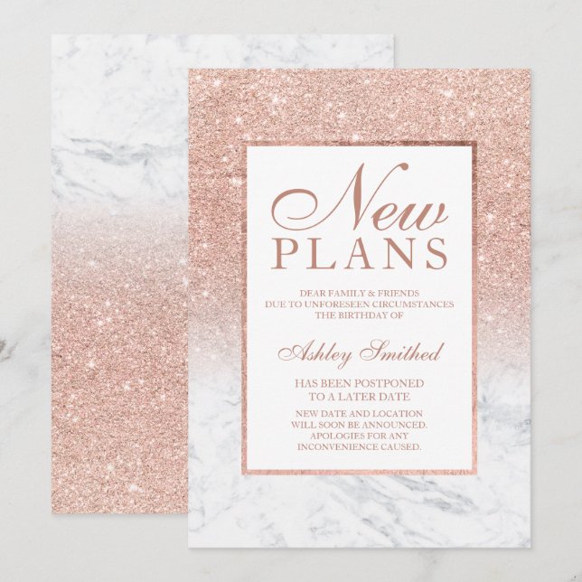 Rose gold glitter marble elegant chic new plans invitation (Front/Back)