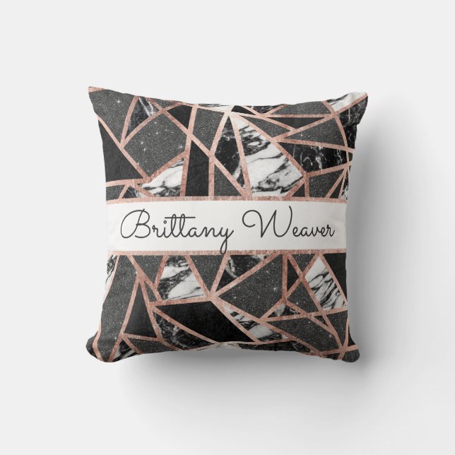 Rose Gold Glitter Marble Geo Triangle Monogram Throw Pillow (Front)