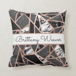 Rose Gold Glitter Marble Geo Triangle Monogram Throw Pillow