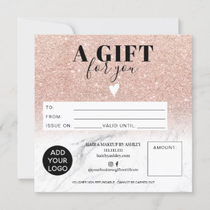 Rose gold glitter marble gift certificate logo