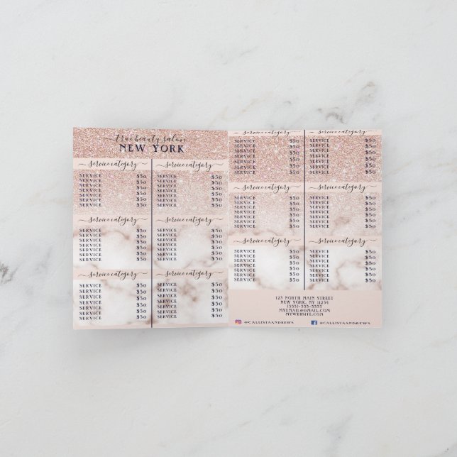 Rose Gold Glitter Marble Gradient Salon Price List Note Card (Inside)
