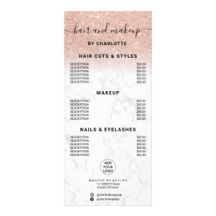 Rose gold glitter marble hair makeup price rack card