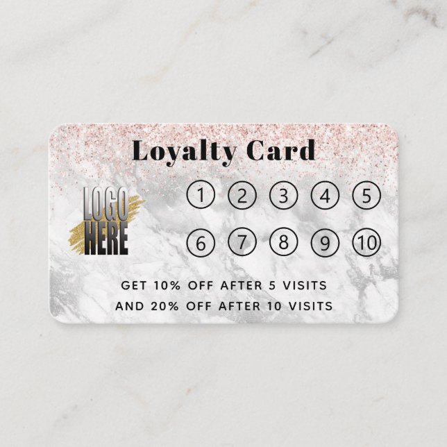 Rose Gold Glitter Marble  Logo 10 Visit  Loyalty C Card (Front)