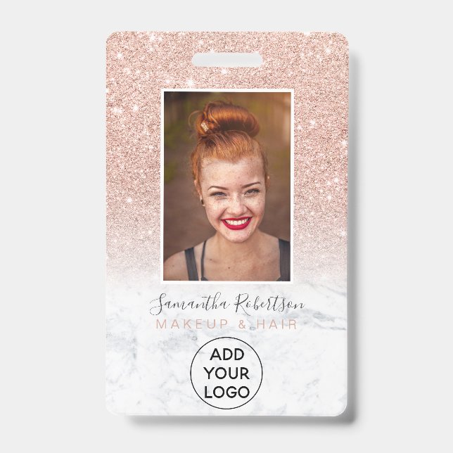 Rose gold glitter marble logo employee photo pass badge (Front)