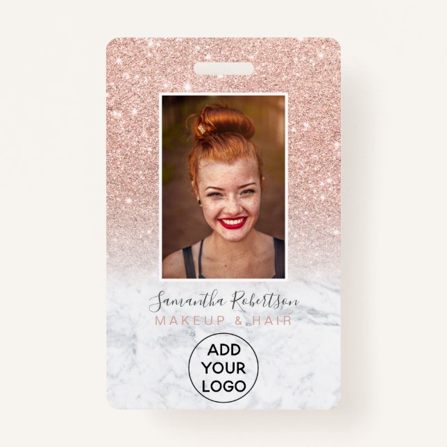 Rose gold glitter marble logo employee photo pass badge (Front)