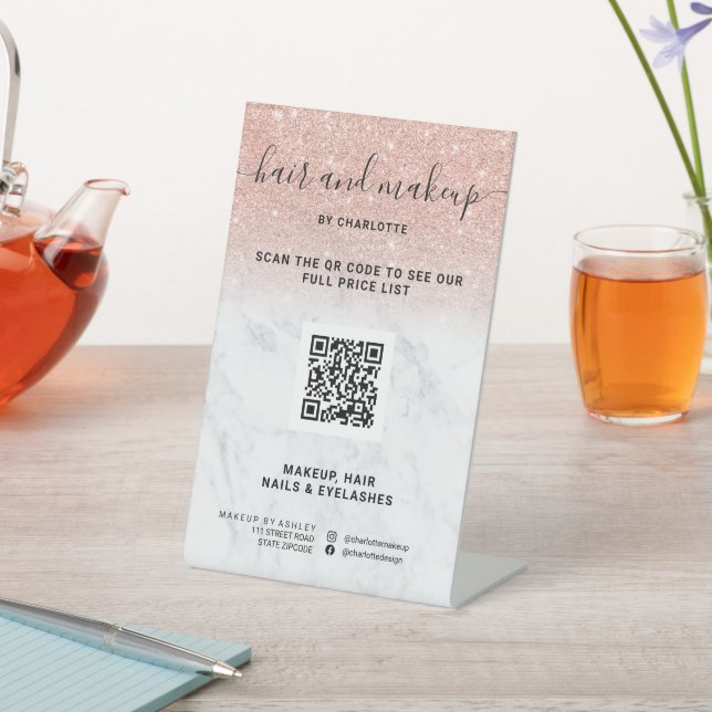 Rose gold glitter marble makeup digital QR price Pedestal Sign (In SItu)