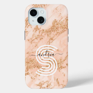 Rose Gold Glitter Marble Personalize Name Monogram iPhone 15 Case