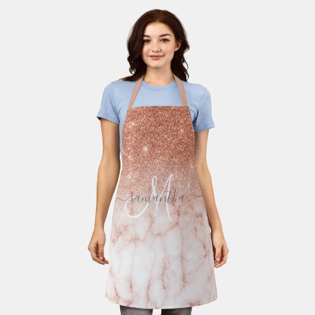 Rose Gold Glitter Marble Pink Personalized Script Apron (Worn)