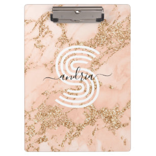 Rose Gold Glitter Marble, Script Name Wht Monogram Clipboard