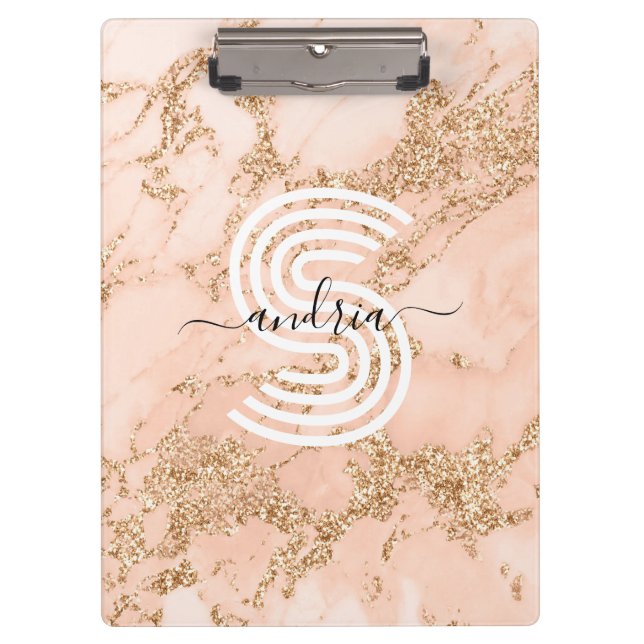 Rose Gold Glitter Marble, Script Name Wht Monogram Clipboard (Front)