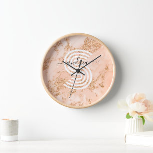 Rose Gold Glitter Marble, Script Name Wht Monogram Clock