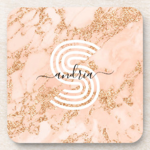 Rose Gold Glitter Marble, Script Name Wht Monogram Coaster