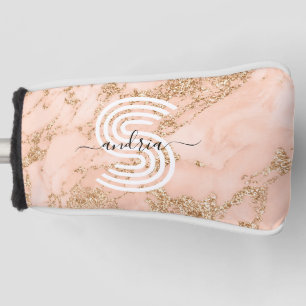 Rose Gold Glitter Marble, Script Name Wht Monogram Golf Head Cover