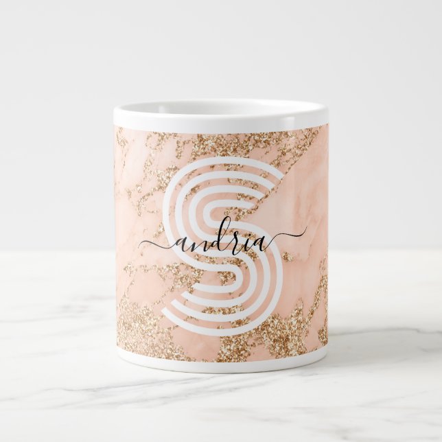 Rose Gold Glitter Marble, Script Name Wht Monogram Large Coffee Mug (Front)