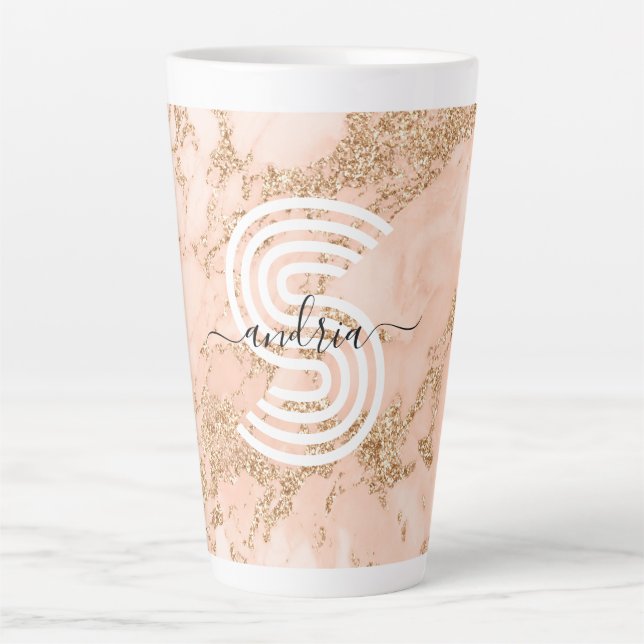 Rose Gold Glitter Marble, Script Name Wht Monogram Latte Mug (Front)