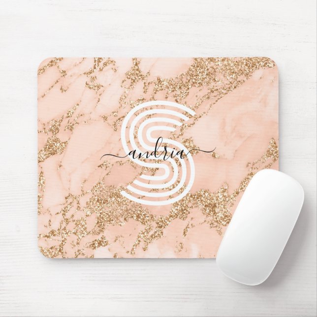 Rose Gold Glitter Marble, Script Name Wht Monogram Mouse Pad (With Mouse)