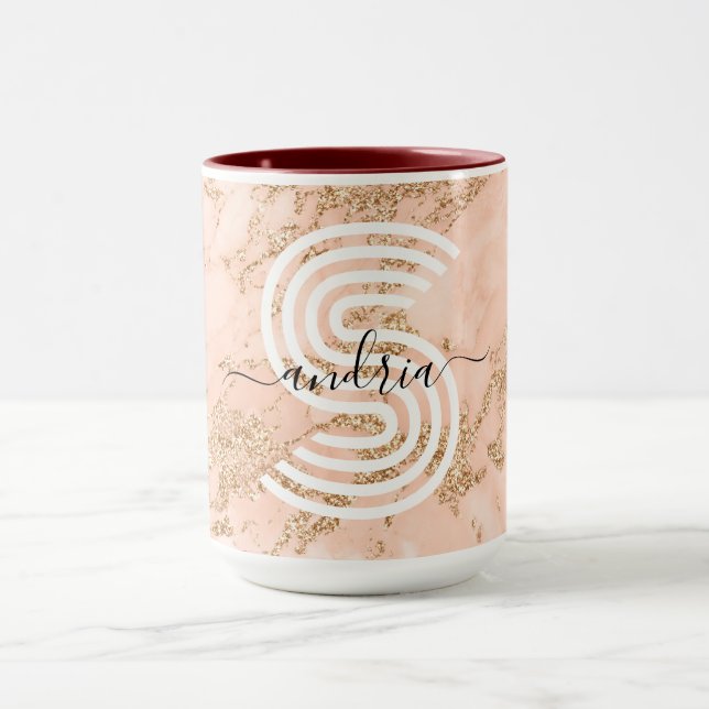 Rose Gold Glitter Marble, Script Name Wht Monogram Mug (Center)