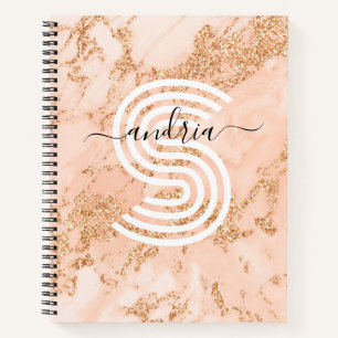Rose Gold Glitter Marble, Script Name Wht Monogram Notebook