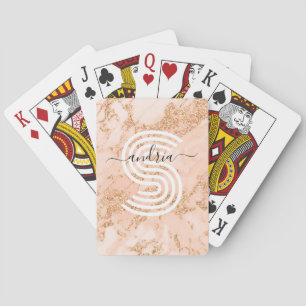 Rose Gold Glitter Marble, Script Name Wht Monogram Playing Cards