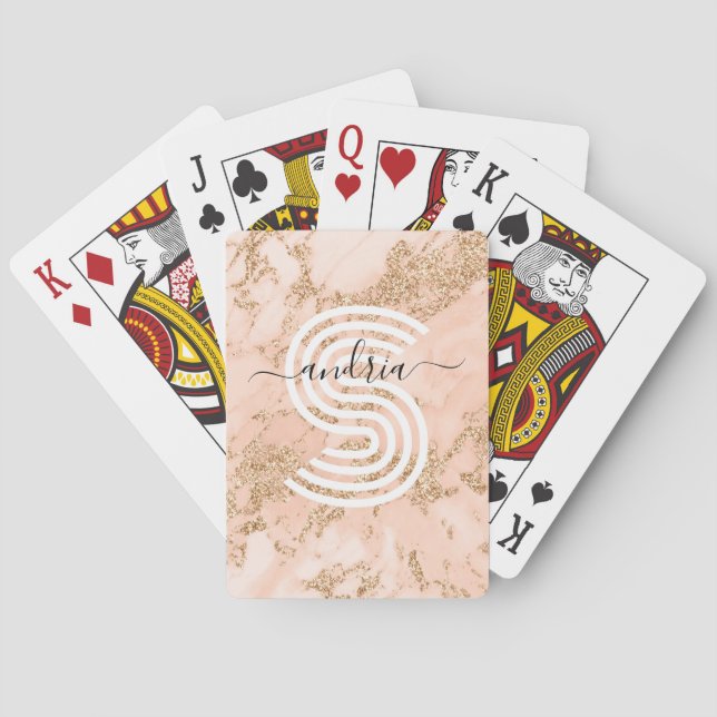 Rose Gold Glitter Marble, Script Name Wht Monogram Playing Cards (Back)