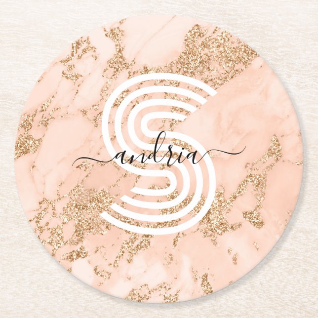 Rose Gold Glitter Marble, Script Name Wht Monogram Round Paper Coaster (Front)
