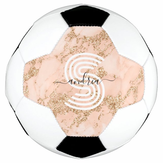 Rose Gold Glitter Marble, Script Name Wht Monogram Soccer Ball (Front)
