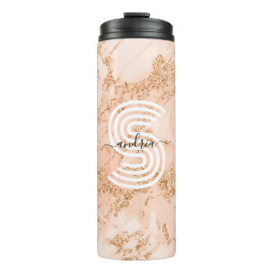 Rose Gold Glitter Marble, Script Name Wht Monogram Thermal Tumbler