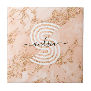 Rose Gold Glitter Marble, Script Name Wht Monogram Tile