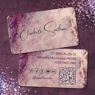   Rose Gold Glitter Marble Social Media & QR Code  Business Card
