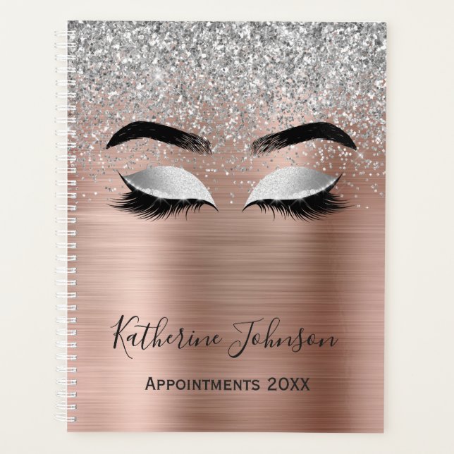 Rose Gold Glitter Metal Beauty Salon Lashes 2024 Planner (Front)
