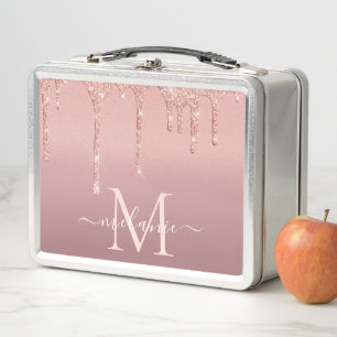 Rose Gold Glitter Metal Lunch Box Your Name Letter