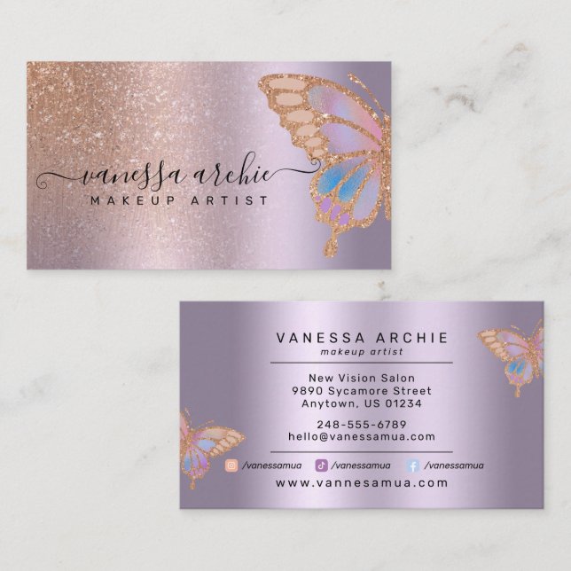 Rose Gold Glitter Metallic Lavender Foil Butterfly Business Card (Front/Back)