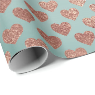 Rose Gold Glitter Metallic Mint Blue Hearts Wrapping Paper
