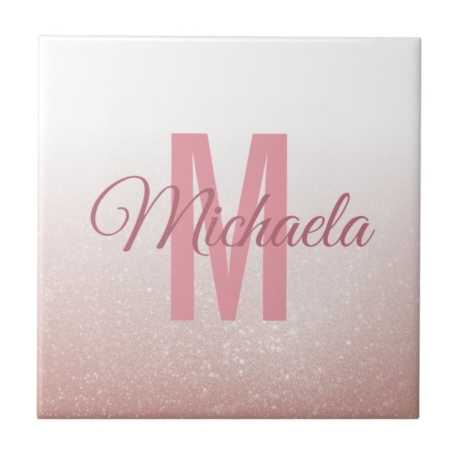 Rose Gold Glitter Modern Monogram Initial Name Tile (Front)