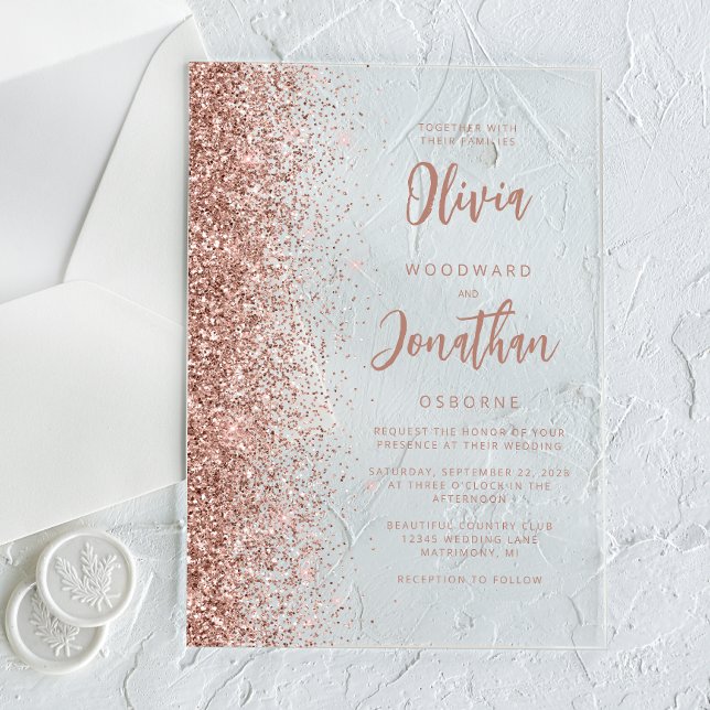 Rose Gold Glitter Modern Script Wedding Acrylic Invitations (Creator Uploaded)