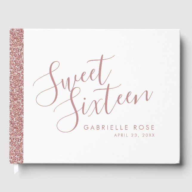 Rose Gold Glitter Modern Sweet 16 Guest Book (Front)