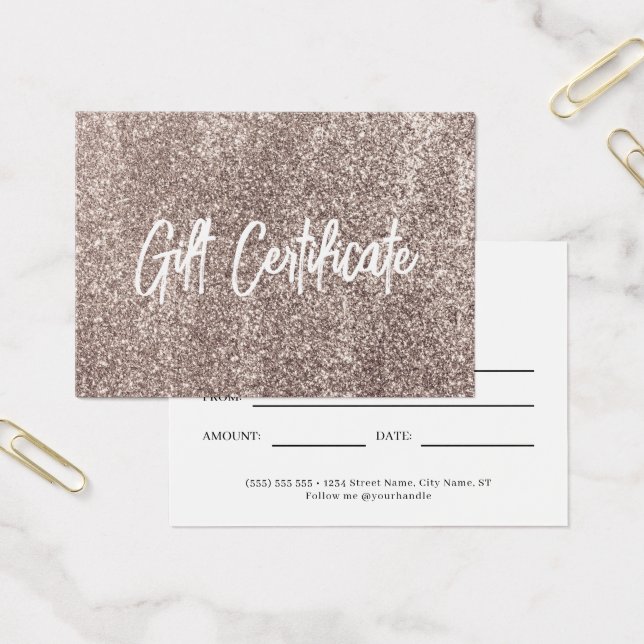 Rose Gold Glitter Modern Voucher Certificat cadeau (Bureau)