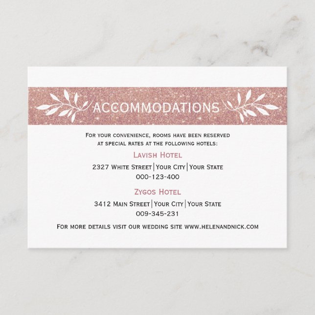 Rose gold glitter modern wedding accommodations enclosure card (Front)