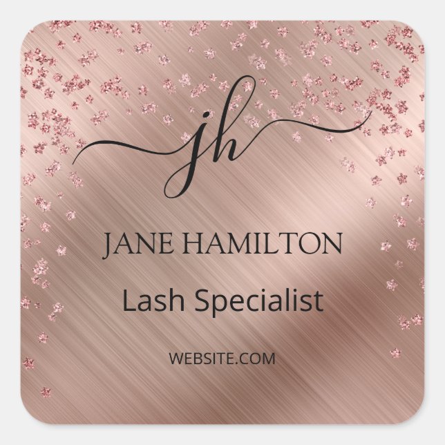 Rose Gold Glitter Monogram Business Logo Square Sticker (Front)