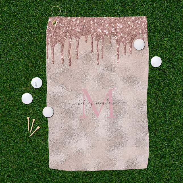 Rose Gold Glitter Monogram Calligraphy Script Name Golf Towel (Creator Uploaded)