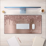 Rose Gold Glitter Monogram Desk Mat<br><div class="desc">Custom elegant monogram desk mat featuring rose gold faux glitter dripping on a rose gold faux metallic background. Personalize with your name in a stylish trendy white script with swashes.</div>