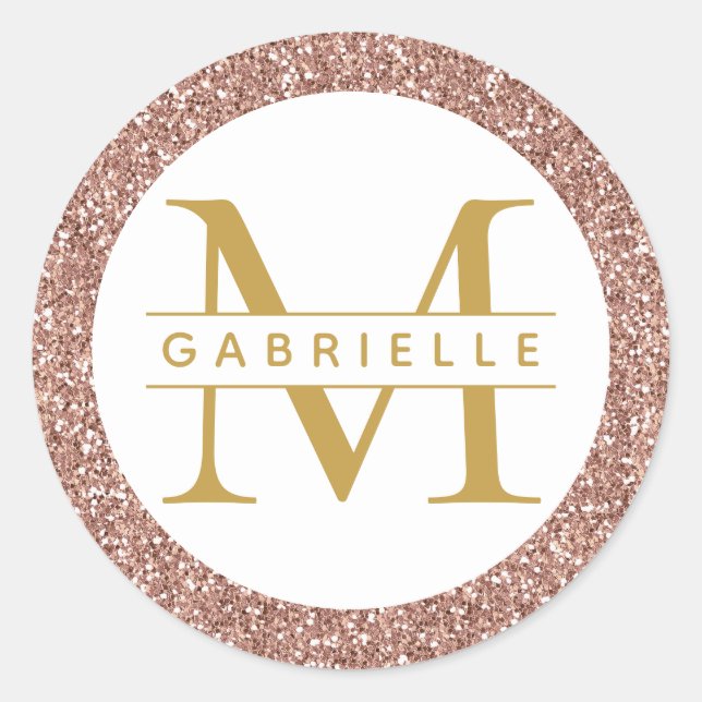 Rose Gold Glitter Monogram Favour Sticker Label (Front)