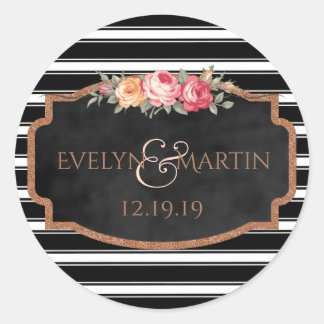 Rose Gold Glitter Monogram Floral Wedding Favour Classic Round Sticker