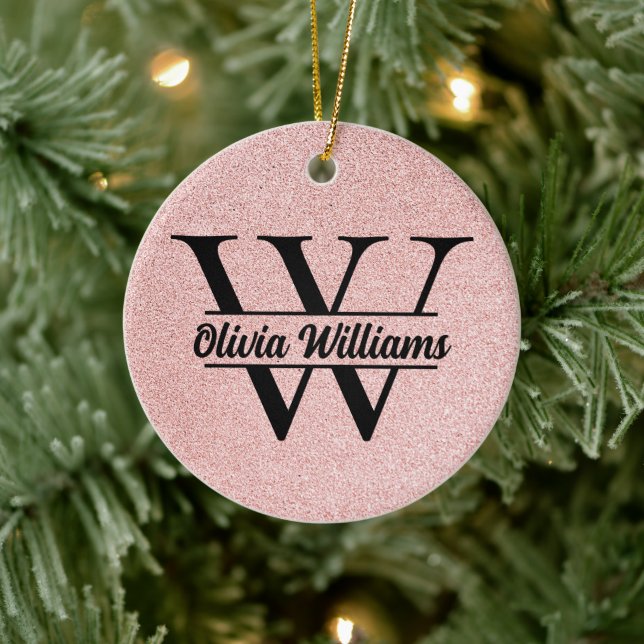 Rose Gold Glitter Monogram | Girly Modern Sparkle  Ceramic Ornament (Tree)