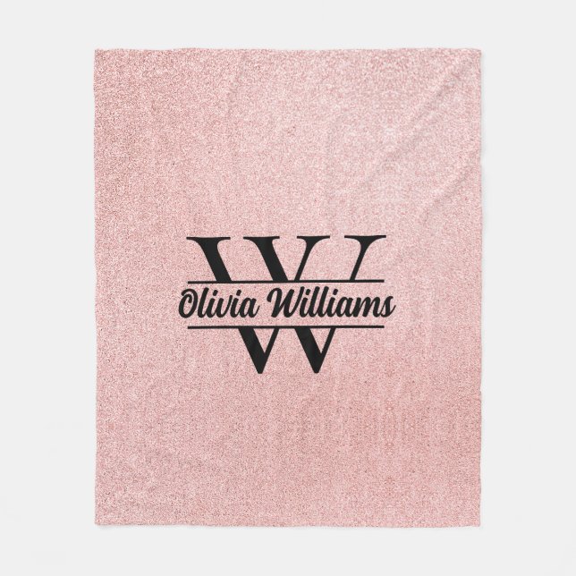 Rose Gold Glitter Monogram | Girly Modern Sparkle  Fleece Blanket (Front)