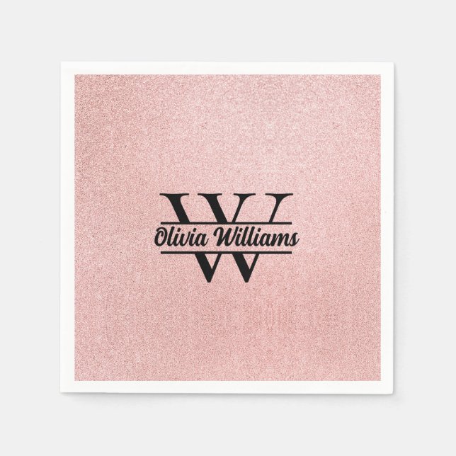 Rose Gold Glitter Monogram | Girly Modern Sparkle  Napkin (Front)