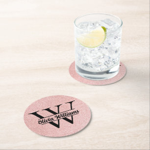 Rose Gold Glitter Monogram   Girly Modern Sparkle  Round Paper Coaster