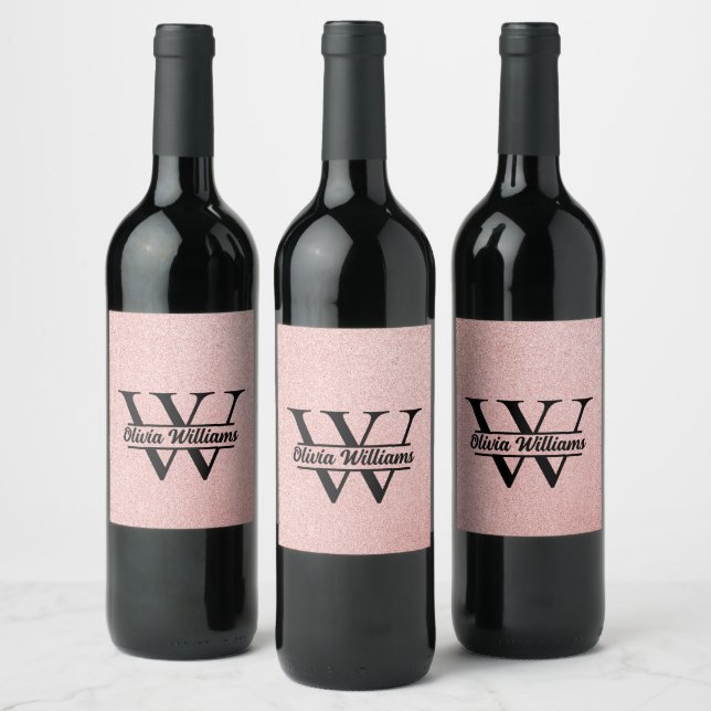 Rose Gold Glitter Monogram | Girly Modern Sparkle  Wine Label (Bottles)